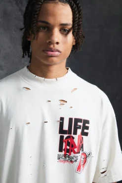 Trippie Redd Oversized Extended Neck Heavyweight Washed Life T-shirt | BoohooMAN UK