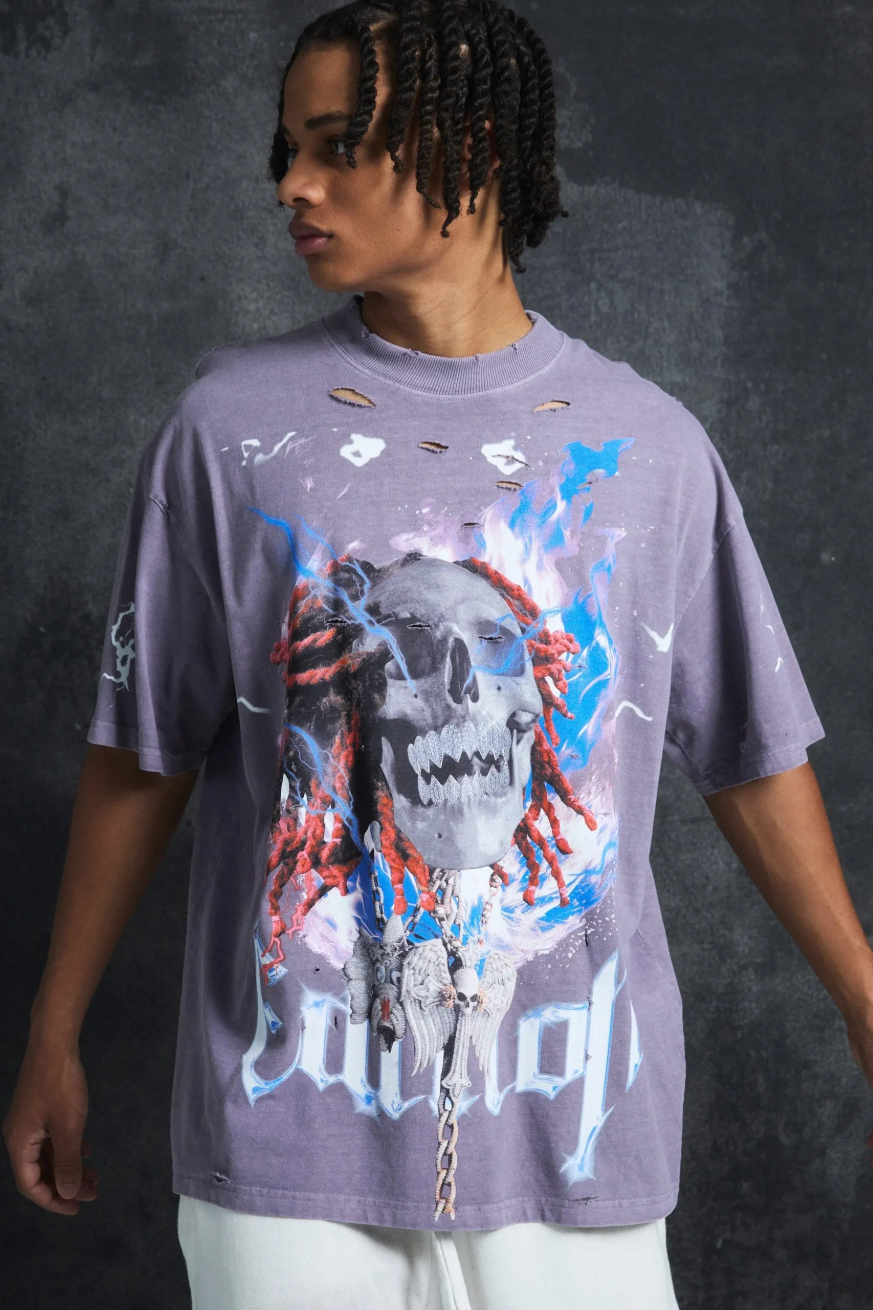 Trippie Redd Oversized Extended Neck Heavyweight Washed Graphic T-shirt | BoohooMAN UK