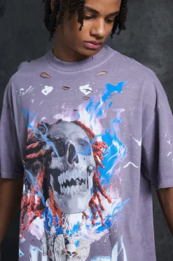 Trippie Redd Oversized Extended Neck Heavyweight Washed Graphic T-shirt | BoohooMAN UK