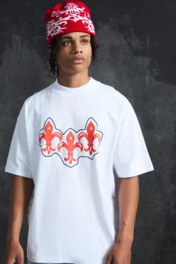 Trippie Redd Oversized Extended Neck Heavyweight Fleur De Lis T-Shirt | BoohooMAN UK