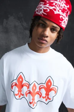 Trippie Redd Oversized Extended Neck Heavyweight Fleur De Lis T-Shirt | BoohooMAN UK