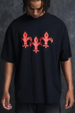 Trippie Redd Oversized Extended Neck Heavyweight Washed Fleur De Lis T-Shirt | BoohooMAN UK