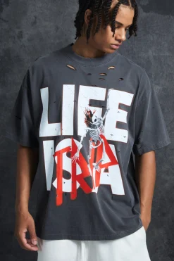 Trippie Redd Oversized Extended Neck Heavyweight Washed Life T-shirt | BoohooMAN UK