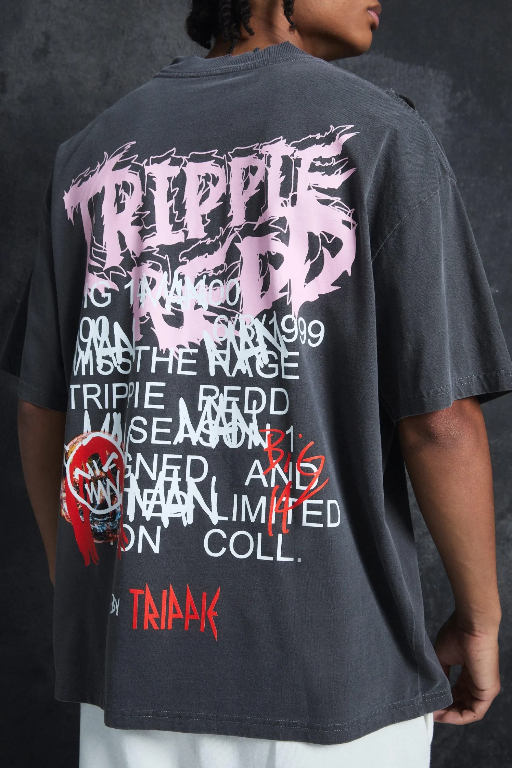 Trippie Redd Oversized Extended Neck Heavyweight Washed Life T-shirt | BoohooMAN UK