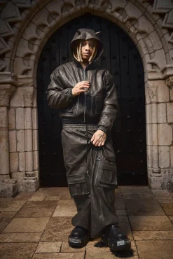 Trippie Redd Relaxed Faux Leather Elastic Waist Cargo Trouser | BoohooMAN UK