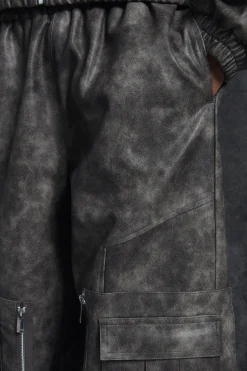 Trippie Redd Relaxed Faux Leather Elastic Waist Cargo Trouser | BoohooMAN UK
