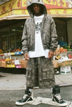 Trippie Redd Relaxed Longline Washed PU Cargo Jorts In Grey | BoohooMAN UK