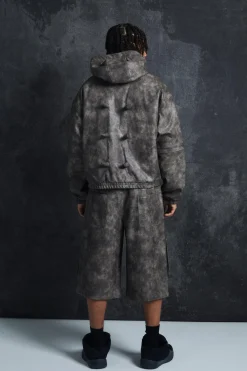 Trippie Redd Relaxed Longline Washed PU Cargo Jorts In Grey | BoohooMAN UK