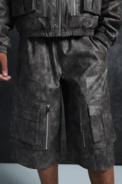 Trippie Redd Relaxed Longline Washed PU Cargo Jorts In Grey | BoohooMAN UK