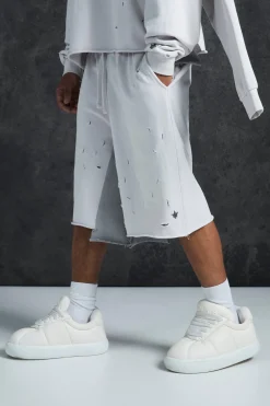 Trippie Redd Relaxed Washed & Distressed Double Waistband Long Length Short | BoohooMAN UK