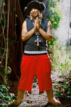 Trippie Redd Relaxed Washed & Distressed Double Waistband Long Length Short | BoohooMAN UK