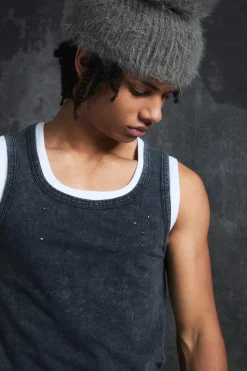 Trippie Redd Slim Washed & Distressed Faux Layer Vest | BoohooMAN UK