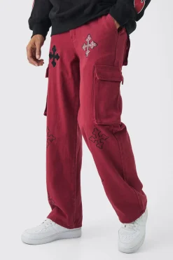 Twill Fixed Waist Relaxed Cross Applique Cargo Trousers | BoohooMAN UK