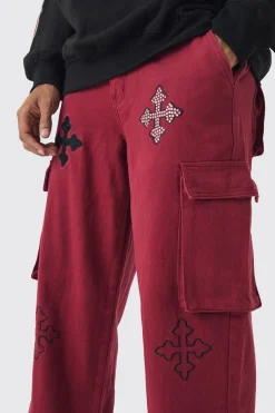 Twill Fixed Waist Relaxed Cross Applique Cargo Trousers | BoohooMAN UK