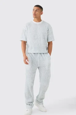 Two Tone Boxy Ripple Pleated T-shirt & Trouser | BoohooMAN UK