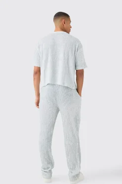 Two Tone Boxy Ripple Pleated T-shirt & Trouser | BoohooMAN UK