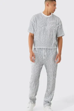 Two Tone Boxy Ripple Pleated T-shirt & Trouser | BoohooMAN UK