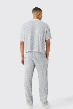 Two Tone Boxy Ripple Pleated T-shirt & Trouser | BoohooMAN UK