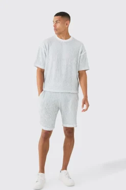 Two Tone Boxy Ripple Pleated T-shirt And Short | BoohooMAN UK