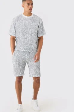 Two Tone Boxy Ripple Pleated T-shirt And Short | BoohooMAN UK