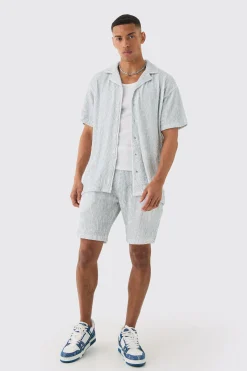 Two Tone Oversized Ripple Pleated Shirt And Short Set | BoohooMAN UK