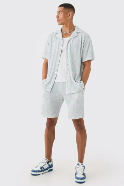 Two Tone Oversized Ripple Pleated Shirt And Short Set | BoohooMAN UK