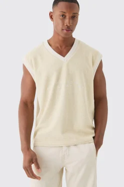 V Neck Limited Edition Towelling Sweater Vest | BoohooMAN UK