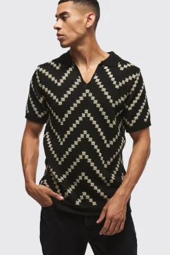 V Neck Stripe Knit Polo | BoohooMAN UK