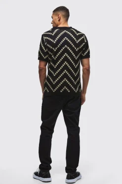 V Neck Stripe Knit Polo | BoohooMAN UK