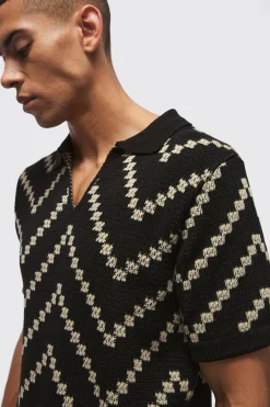 V Neck Stripe Knit Polo | BoohooMAN UK