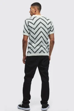 V Neck Stripe Knit Polo | BoohooMAN UK