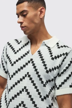 V Neck Stripe Knit Polo | BoohooMAN UK