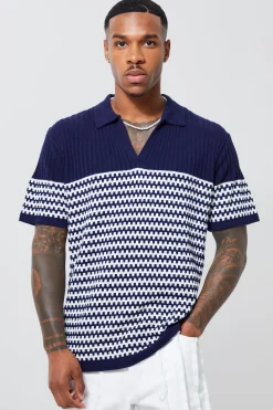 V Neck Striped Knitted Polo | BoohooMAN UK