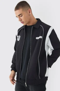 Varsity Embroidered Jersey Harrington Jacket | BoohooMAN UK