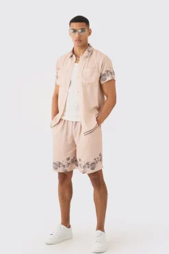 Viscose Tonal Back Detail Shirt & Short | BoohooMAN UK