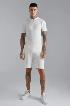Waffle Bomber Neck 1/4 Zip Polo And Short Set | BoohooMAN UK