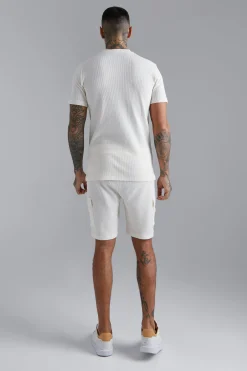 Waffle Bomber Neck 1/4 Zip Polo And Short Set | BoohooMAN UK