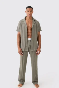 Waffle Lounge Shirt & Relaxed Bottom Set In Khaki | BoohooMAN UK