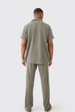 Waffle Lounge Shirt & Relaxed Bottom Set In Khaki | BoohooMAN UK