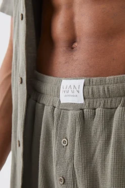 Waffle Lounge Shirt & Relaxed Bottom Set In Khaki | BoohooMAN UK