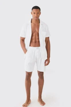 Waffle Lounge Shirt & Short Set In White | BoohooMAN UK