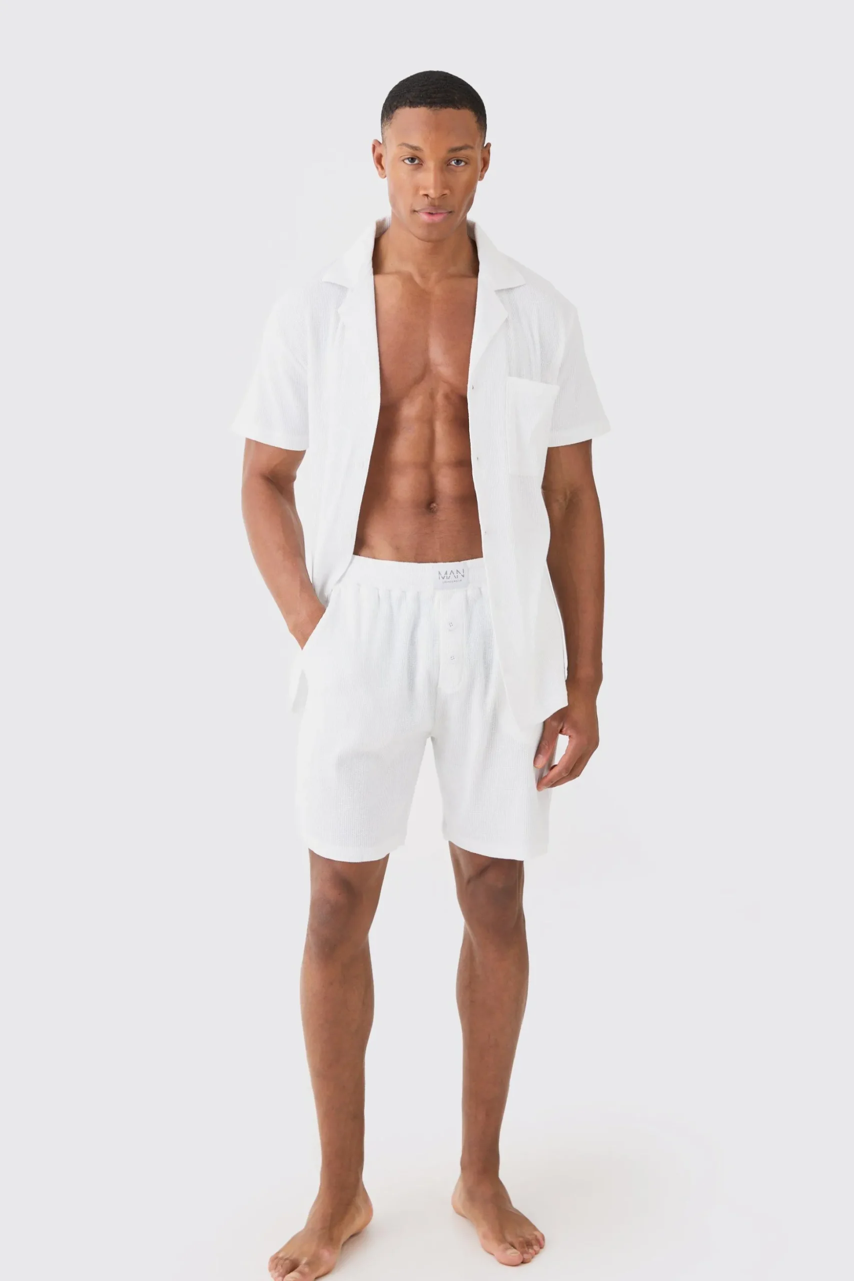 Waffle Lounge Shirt & Short Set In White | BoohooMAN UK