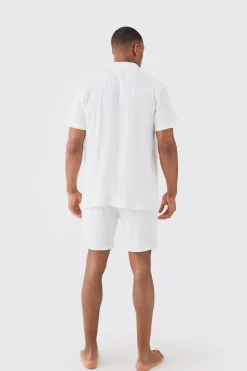 Waffle Lounge Shirt & Short Set In White | BoohooMAN UK
