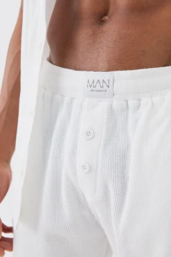 Waffle Lounge Shirt & Short Set In White | BoohooMAN UK