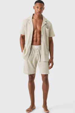 Waffle Lounge Shirt & Short Set In Stone | BoohooMAN UK