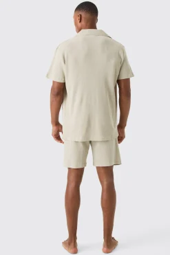 Waffle Lounge Shirt & Short Set In Stone | BoohooMAN UK