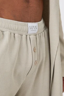 Waffle Robe & Relaxed Fit Bottoms In Stone | BoohooMAN UK