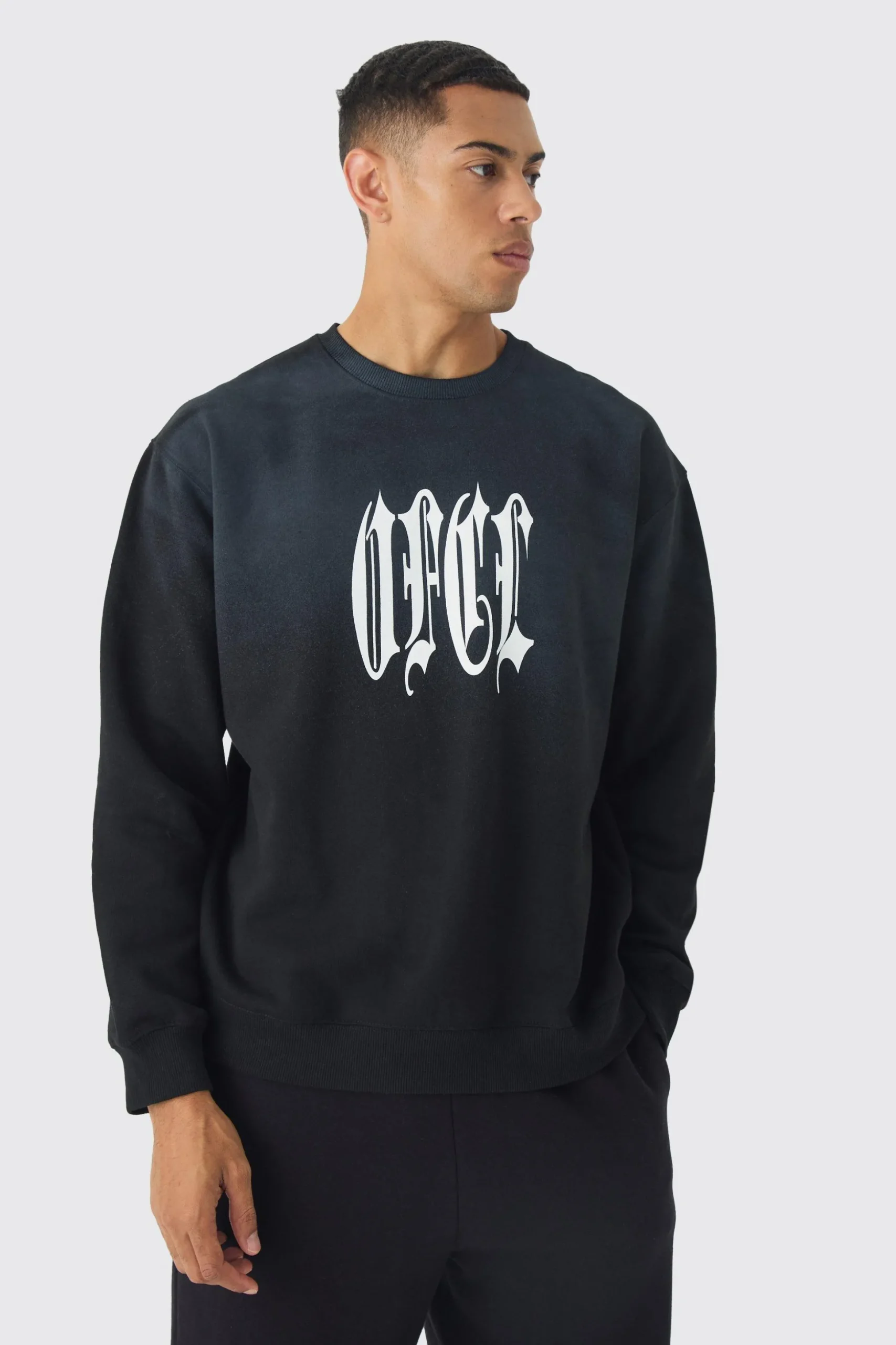 Washed Blurred Ofcl Print Sweatshirt | BoohooMAN UK