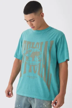 Washed Official Globe Print T-Shirt | BoohooMAN UK
