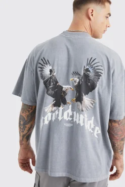 Washed Oversized Extended Neck Eagle Graphic T-shirt | BoohooMAN UK